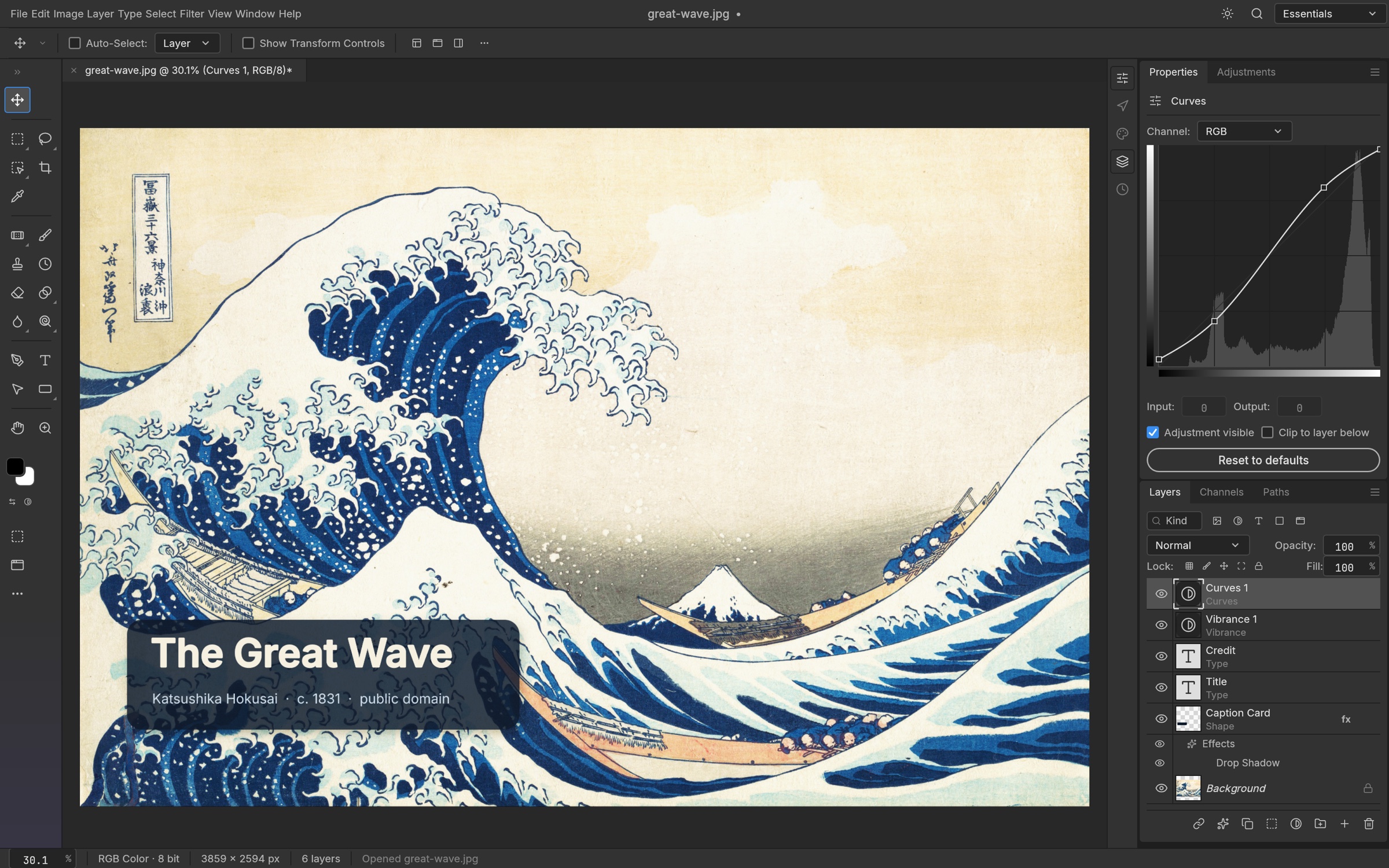 PhotoRiya editing Hokusai's The Great Wave with type layers, a drop shadow, and Vibrance and Curves adjustment layers, with the Curves editor open