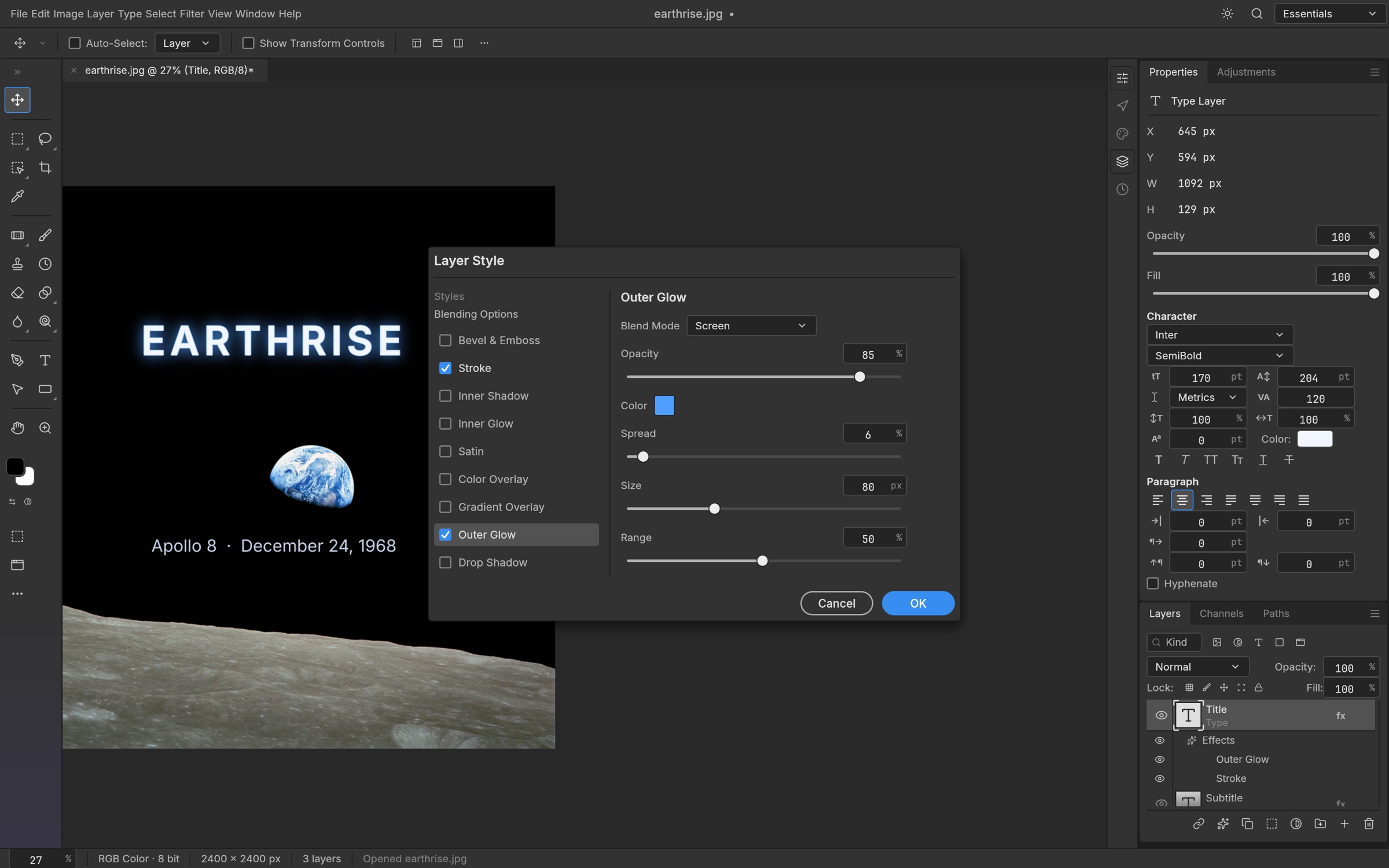 PhotoRiya's Layer Style dialog adding an Outer Glow and Stroke to a type layer on the Earthrise photograph