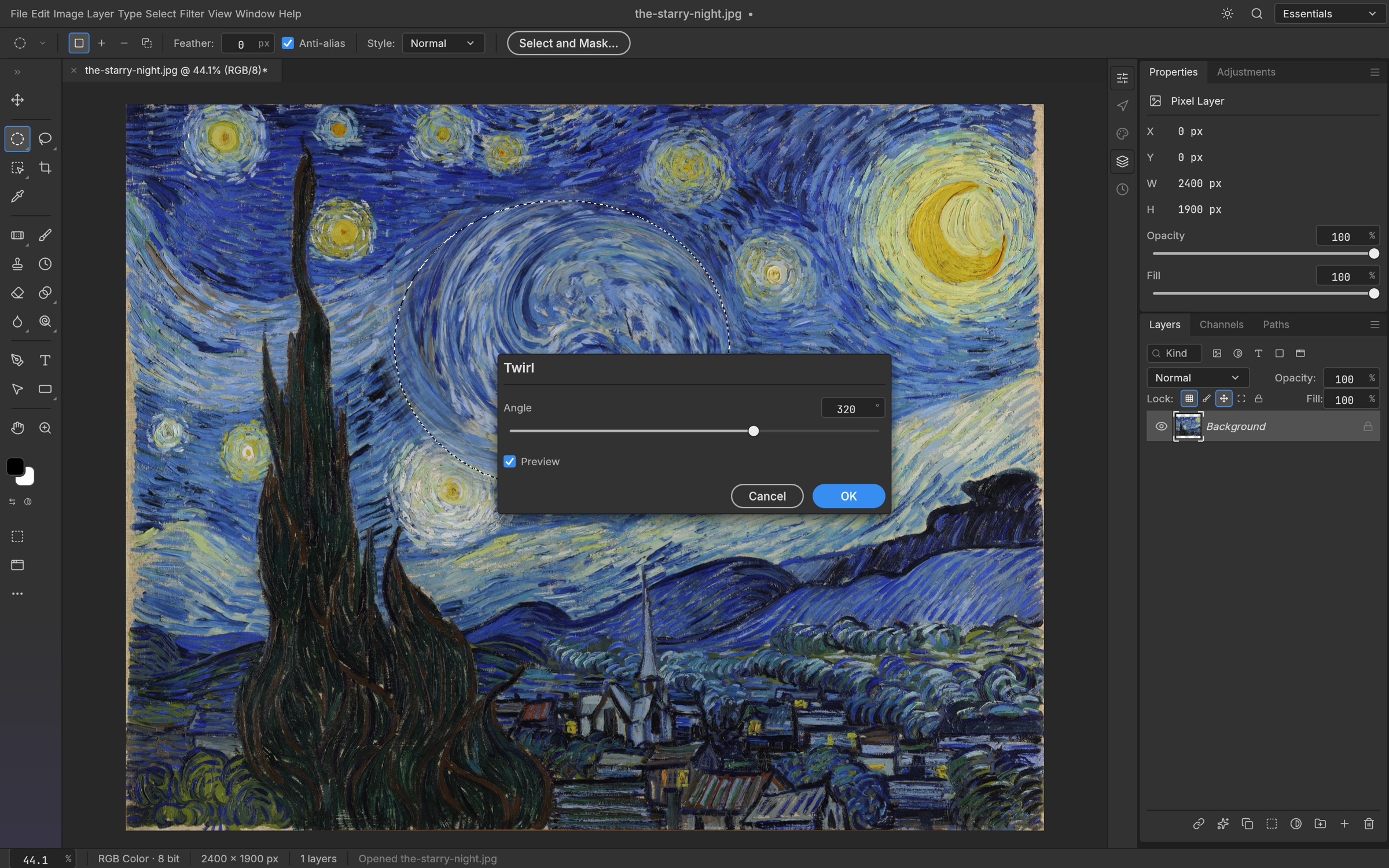PhotoRiya running in a browser, applying a Twirl filter to a selection on Van Gogh's The Starry Night